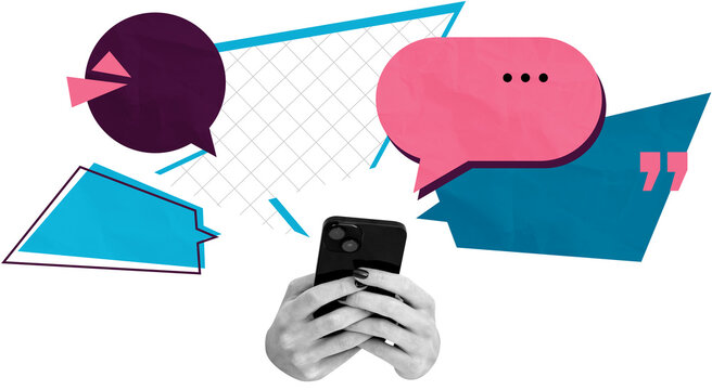 Hands holding smartphone with colorful geometric speech bubbles in abstract collage style on white background, concept of modern communication