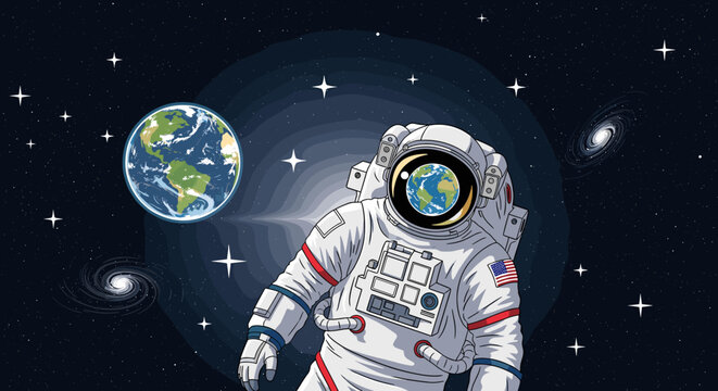 Astronaut in space with Earth reflected in helmet visor, surrounded by stars and galaxies.
