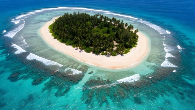 Isolated Tropical Island Aerial View White Beach Palm Trees Reef