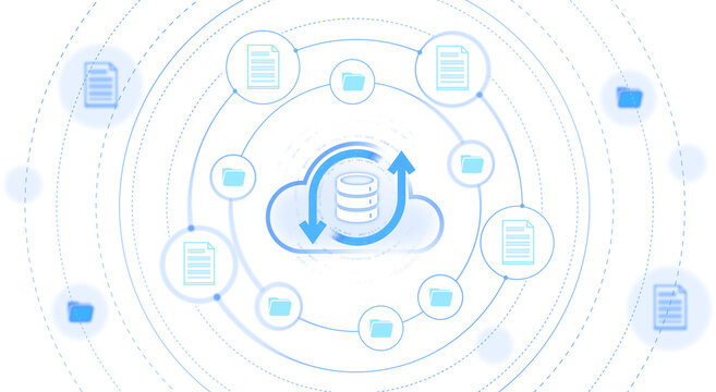 Cloud storage with folders and documents in soft blue graphic style on white background showing concept of data sync and backup in modern digital systems