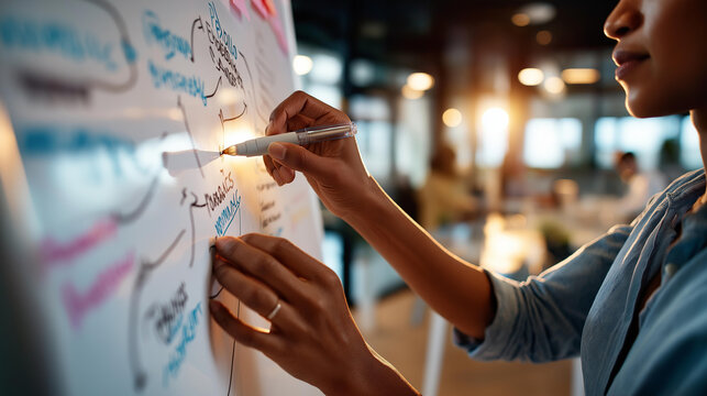 Close up of hands at a bright office using a fishbone diagram on a whiteboard to root cause analyze a project issue with category branches labeled people process tools and