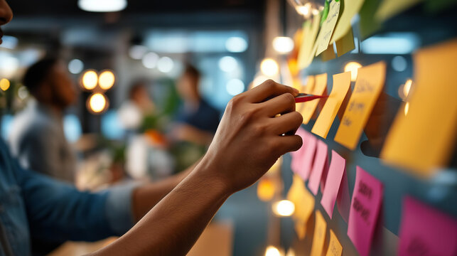 Close up of hands at a bright office kanban board with colored sticky notes arranged in development columns including backlog sprint review and done one hand moving a task
