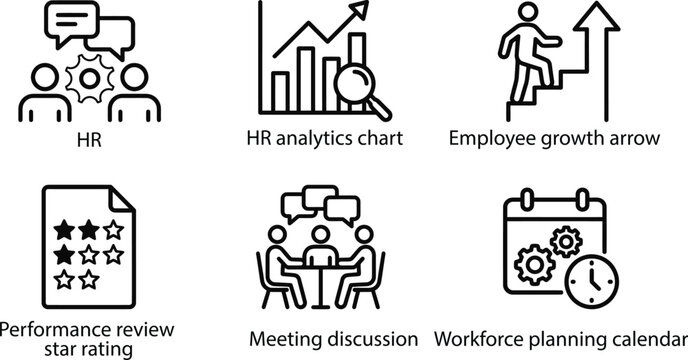 HR analytics and workforce management icons set with employee growth, performance review, meeting, planning and data chart symbols for dashboards and business UI