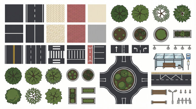 Vector set of top view landscape design elements for urban planning including roads, pavement textures, trees, bus stop, benches, and a large roundabout for site plan mapping project.