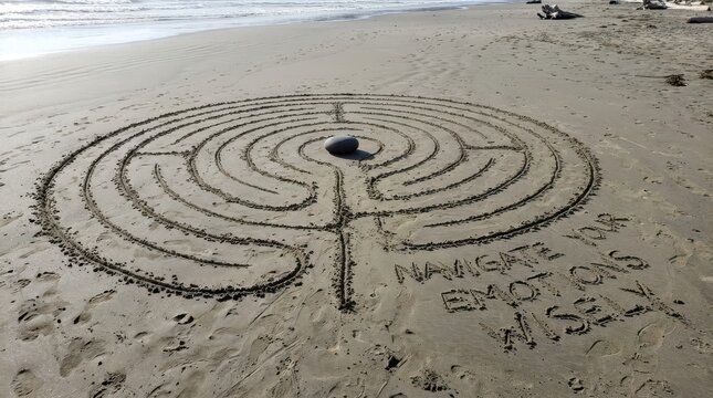 Overhead Shot of a Labyrinth Drawn on Sandy Beach