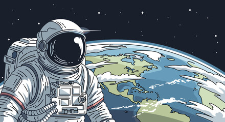 An astronaut floating in outer space with a detailed view of planet Earth in the background, surrounded by stars. © cemoro