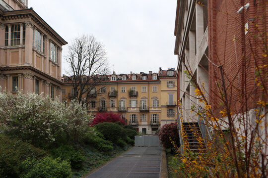 Sentiero in acciottolato all'interno di un giardino privato o cortile condominiale con piante, cespugli fioriti ed eleganti palazzi d'epoca sullo sfondo a Torino