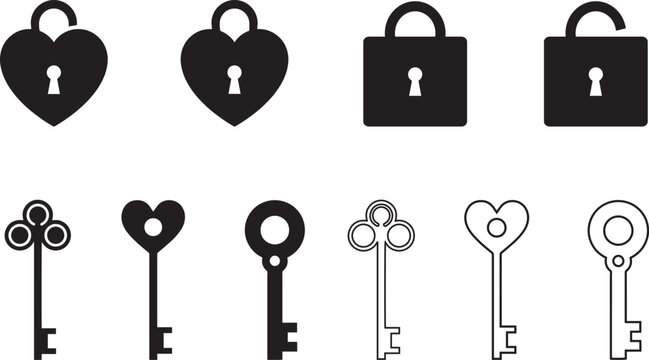 Lock and Key SVG Bundle - Set of Ten Black Silhouette and Outline Heart Padlock and Vintage Key Icons for Love Security Privacy Valentine