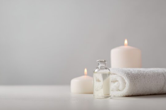 Minimalist bathroom with essential oils, candles, and a white towel, spa and relaxation theme