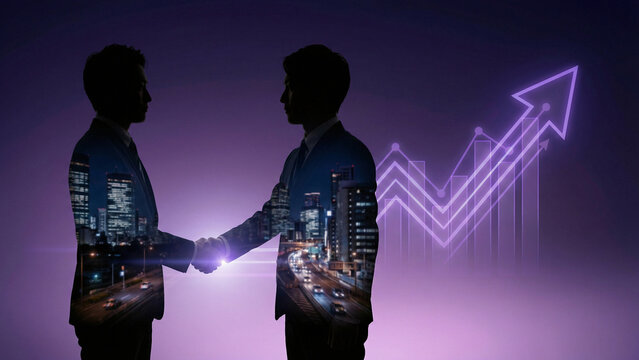 Japanese business professionals sealing deal with city overlay and arrow