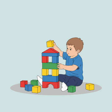 A young boy wearing a blue shirt builds a tower out of colorful wooden blocks
