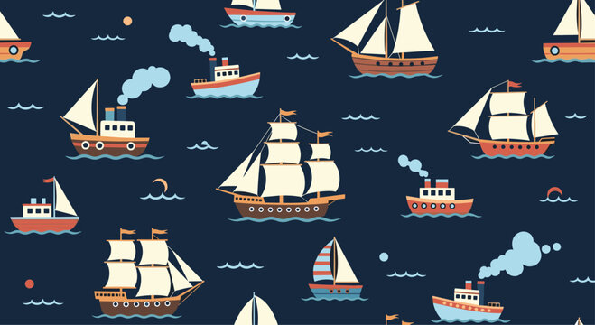 Nautical seamless pattern with a variety of cartoon sailing ships, steamboats, and yachts on a dark blue sea, perfect for children's decor.