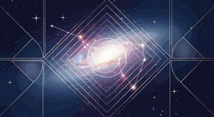 A stylized depiction of a galaxy with geometric patterns and constellations overlayed, evoking a sense of cosmic wonder and celestial order. © cemoro