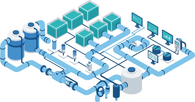 Isometric Industrial Water Treatment Plant and Digital Processing System with Sensors and Pipes
