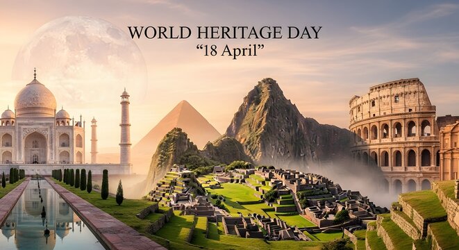 A composite image celebrating world heritage day with iconic landmarks from around the globe high quality professional detailed modern elegant stylish clean crisp vibrant colorful