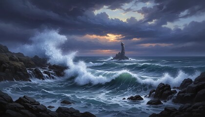 Fototapeta premium Stormy ocean waves crashing against rocky coastline at sunset. Dramatic seascape with towering cliff in water under cloudy sky. Nature power and seascape scenery for artistic background.
