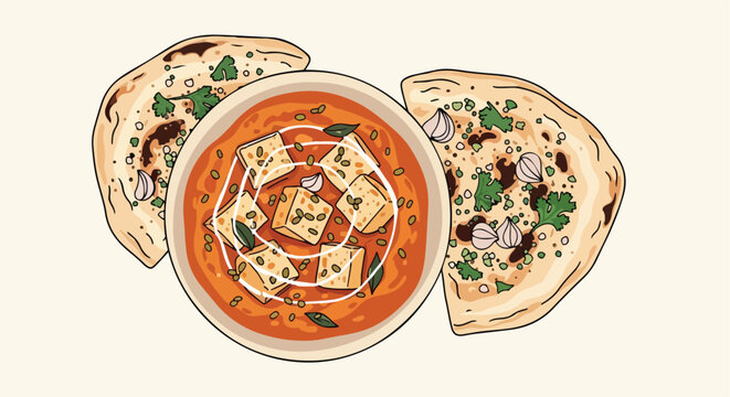 Bowl of paneer curry served with two pieces of naan bread on a light background