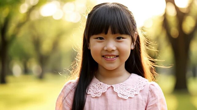 A beautiful korea model smiles brightly in a sunlit park, radiating joy and happiness with a natural, cheerful