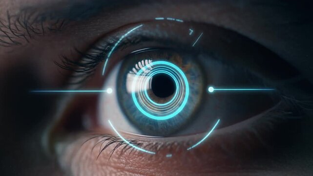Futuristic digital iris scan with glowing blue technological circles and lines overlaying an eye for security and identification purposes