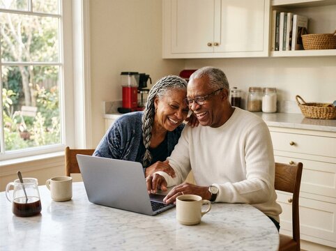 Senior couple sharing happy moments online using laptop