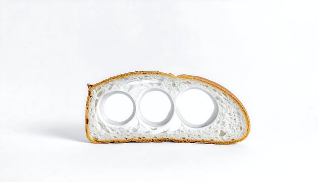 Slice of bread with three circular holes cut through the crumb, on a plain white background