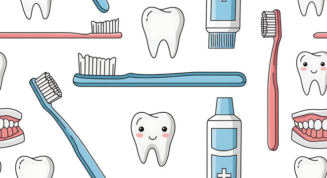 Seamless pattern with cute cartoon teeth, toothbrushes, and toothpaste, dental hygiene, oral care elements, flat design icons