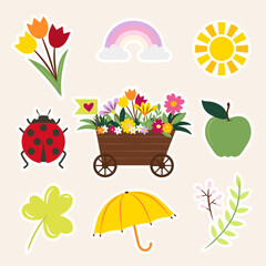 Spring icon pack. Set of tulips, rainbow, sun, ladybug, flower cart, green apple, clover, umbrella and branch and bud stickers in flat design. Vector illustration. © Mademoiselle_Sadia