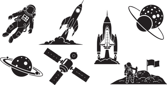 Space Exploration Silhouettes &ndash; Astronauts, Rockets, Shuttle, Planets, and Satellite Icons