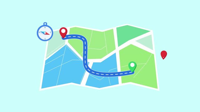 Animated video of a folded map showing GPS route with navigation path, location pins, and clock icon. Represents delivery tracking, logistics routing, and real time navigation system.