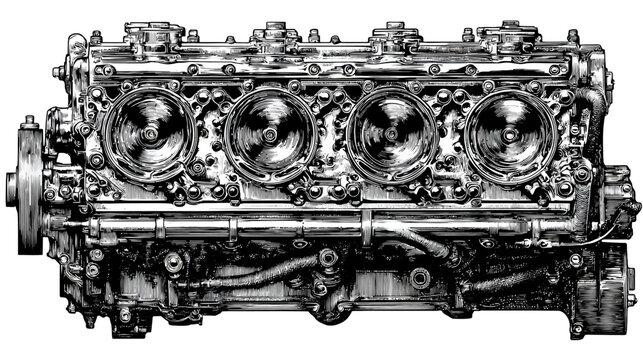 Intricate monochrome illustration of a metallic engine block with detailed linework