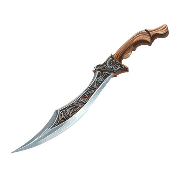 Ornate curved blade with etched metal and wood handle