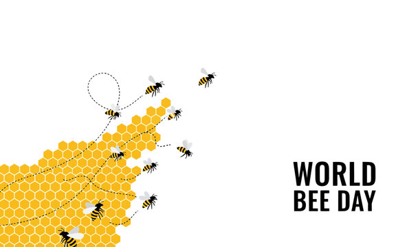 World Bee Day banner with bees and honeycomb pattern