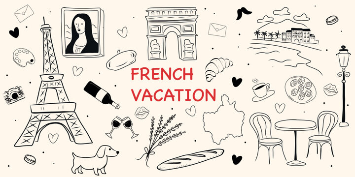 Hand-drawn French vacation doodle set featuring Paris landmarks, food and travel elements. Line art illustration with Eiffel Tower, croissant, wine, caf&eacute; scene and romantic symbols.
