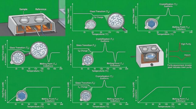 A detailed infographic illustrating the glass transition process with diagrams and graphs on a green background