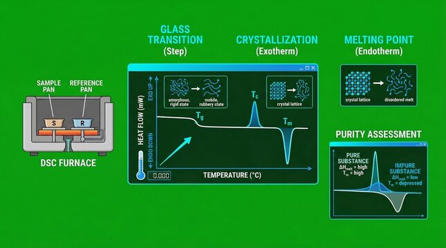 A diagram showing the different stages of thermal analysis, including glass transition, crystallization, and melting point, in a DSC furnace.