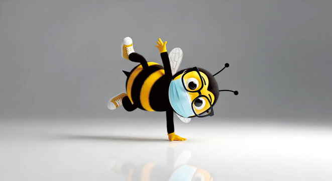 Cute character bee wearing protective mask dancing in studio