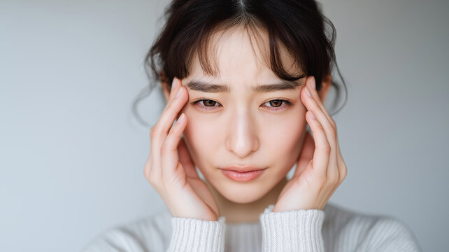 こめかみを押さえる女性のクローズアップ 頭痛やストレスを表現したヘルスケアイメージ