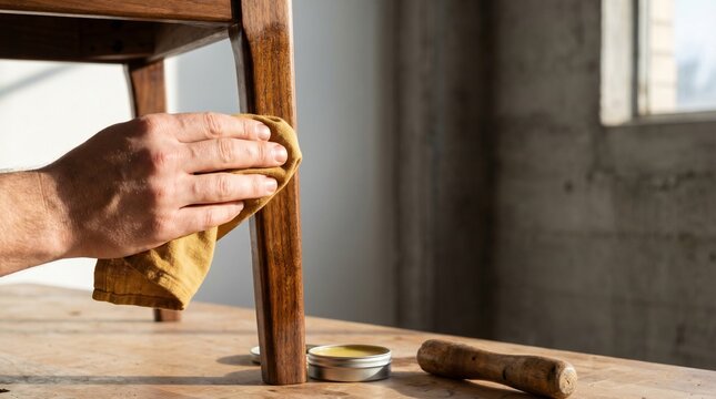 A hand uses an ochre linen rag to apply natural wax to a walnut wood chair leg. Hard raking light reveals the deep wood grain, oily sheen, and micro-indents on the skin during the upcycling process.