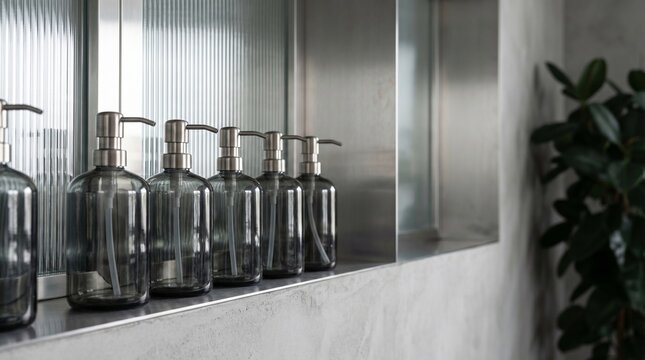 Row of smoke-grey glass containers with titanium pumps on a micro-cement shelf. Cold 5600K daylight and side lighting define the sharp edges and heavy glass textures of the refill station.