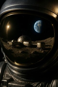 Close-up of gold astronaut visor reflecting a futuristic lunar moon base and Earth in dark space sky.