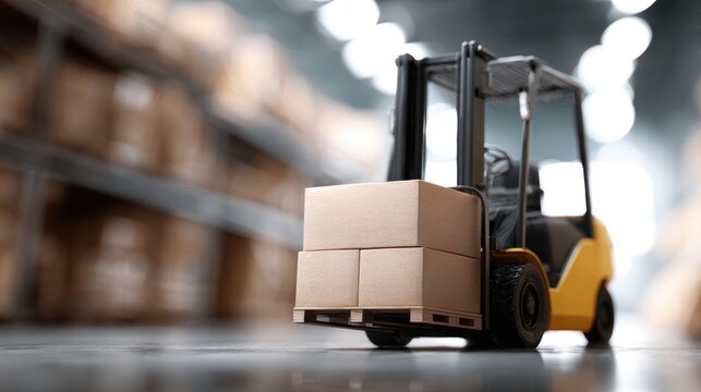 Forklift truck lifting cardboard boxes in busy warehouse logistics center
