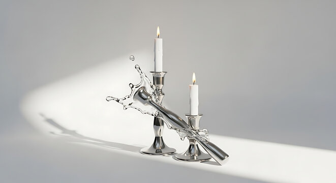 Two lit candles in ornate silver candelabras casting shadows on a neutral gray background, elegant and atmospheric lighting, soft focus