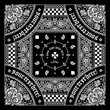 Bandana template black and white paisley pattern combined with skull elements, checkerboard accents, and ornamental line art