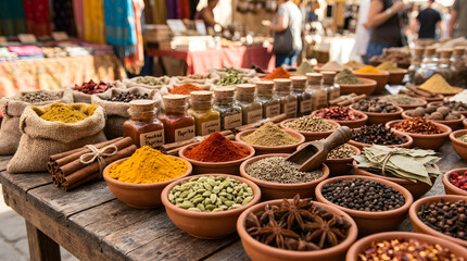 Fototapeta premium Photos of various spices on the market