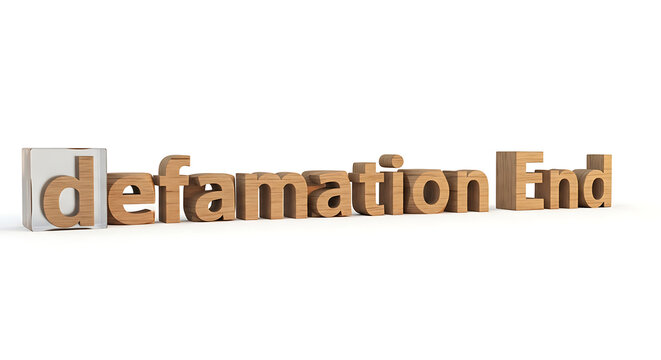 The word "defamation end" in textured wooden letters, representing the conclusion of libel and slander, legal resolution, and reputational recovery on a clean white background.