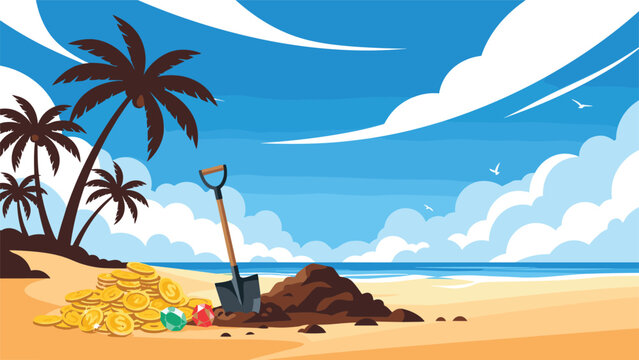 Hidden treasure on a tropical beach includes a pile of gold coins and colorful gems next to a shovel and a hole in the sand by the sea.