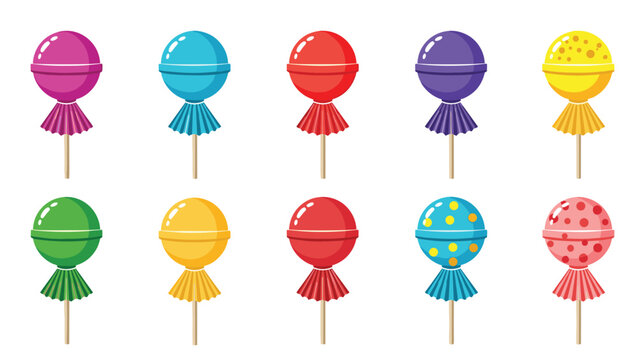 Set of ten round lollipops in various colors and patterns like stripes and dots arranged in two rows on a plain white background.