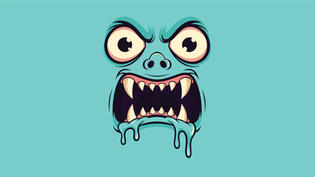 Close-up of a scary blue monster face with large wide eyes, sharp yellow fangs, and green slime dripping from its open screaming mouth.