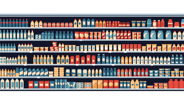 Grocery store shelves are stocked with an extensive variety of colorful products and containers in a neat organized arrangement.