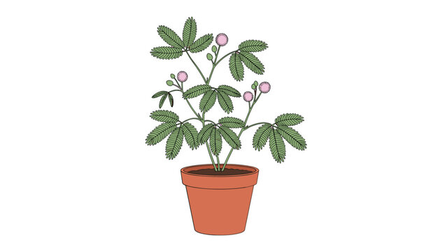 Delicate sensitive plant with green leaves and pink flowers grows in a terracotta pot against a clean and simple white background.